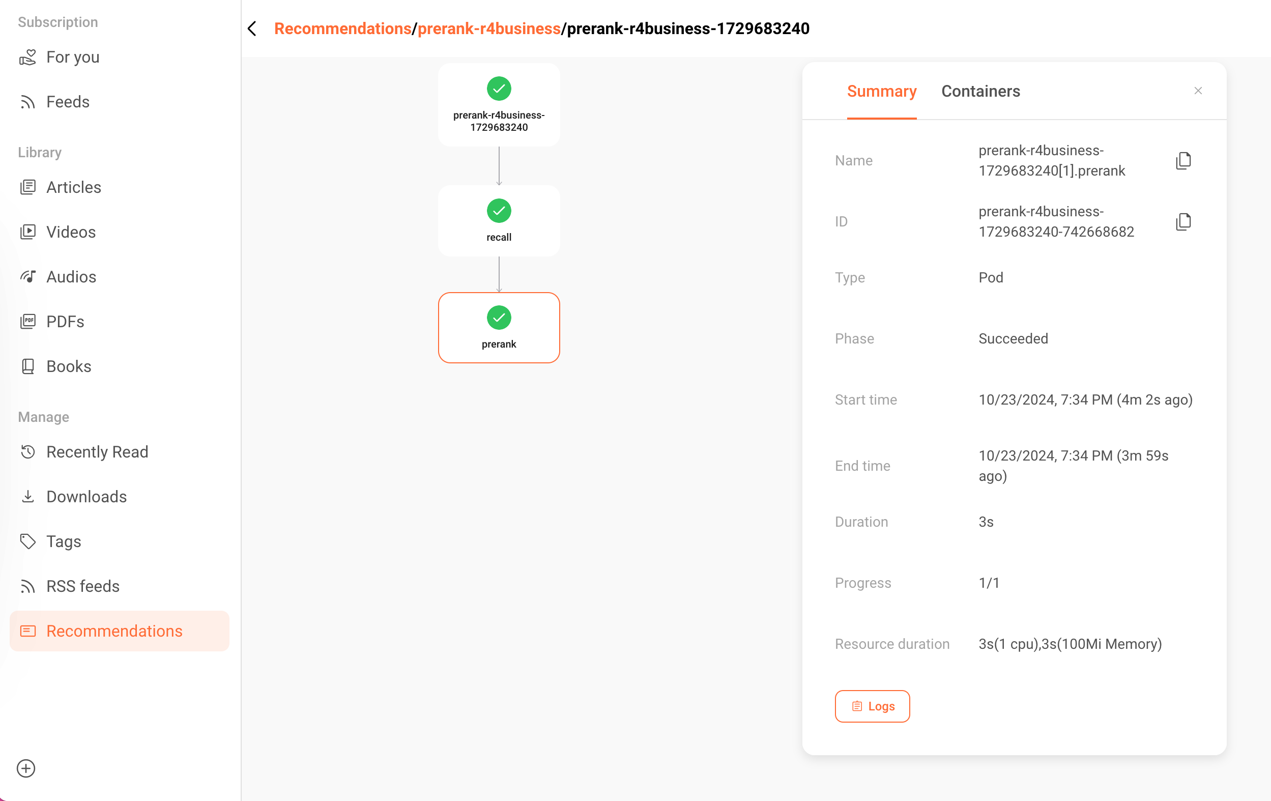 Recommendation algorithm workflow